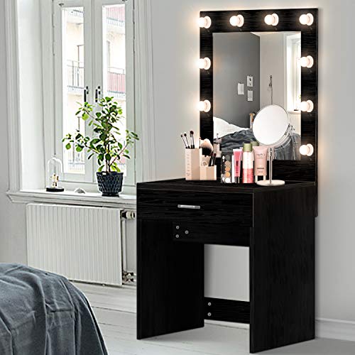 US Shipping Vanity Set with Lighted Mirror, YEEGO Makeup Vanity Dressing Table Dresser Writing Desk with Drawer for Bedroom Easy Assembly, Black(10PCS Warm LED Bulbs)