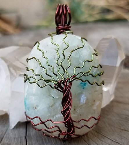 Tree of Life Cavansite w Stilbite Cabochon Olive Brown Wire Wrap Handmade Pendant