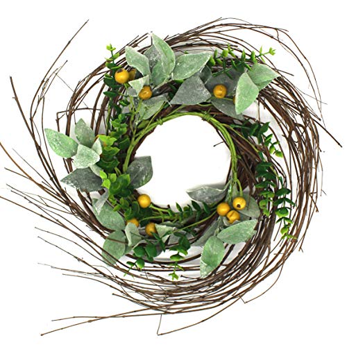 CVHOMEDECO. Rustic Country Artificial Lambs Ear/Boxwood and Twig Wreath, Year Round Full Green Wreath for Indoor or Outdoor Display, 14-Inch - Thumbnail 5