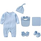 Infant Romper+Burp Cloth+Bib+Mittens+Shoes+Cap Set Breathable Healthy Fabric Tops for Baby
