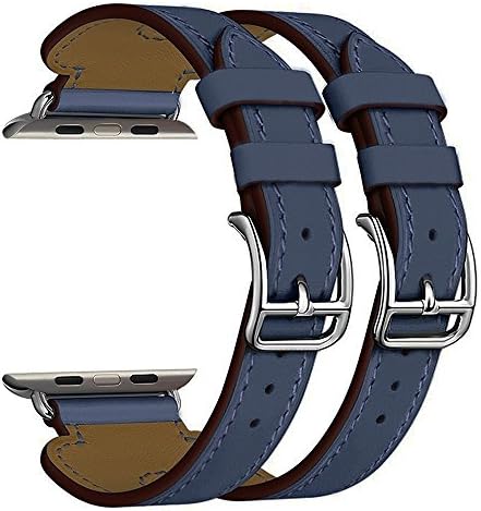 Isenxi Bands for Apple Watch Band, Double Buckle Cuff Apple Watch Leather Band, iWatch Band Genuine Leather Band Wrist Watch Band with Adapter for Apple iwatch (Double Buckle Cuff Blue-38mm)