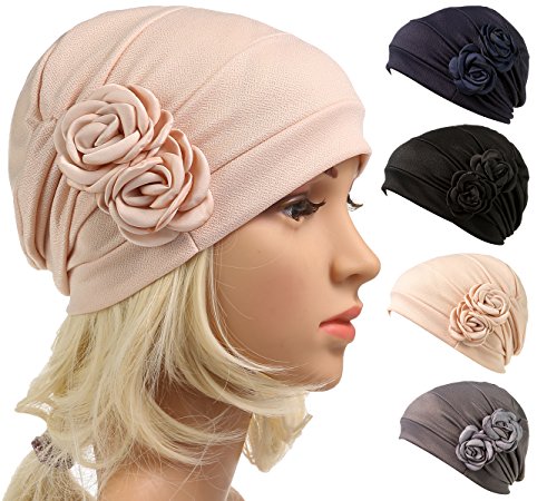 DancMolly Chemo Turban Cancer Ruffle Headband Beanie Cap Muslim Scarf Ethnic Cloth (Beige+Navy Blue) - Thumbnail 4
