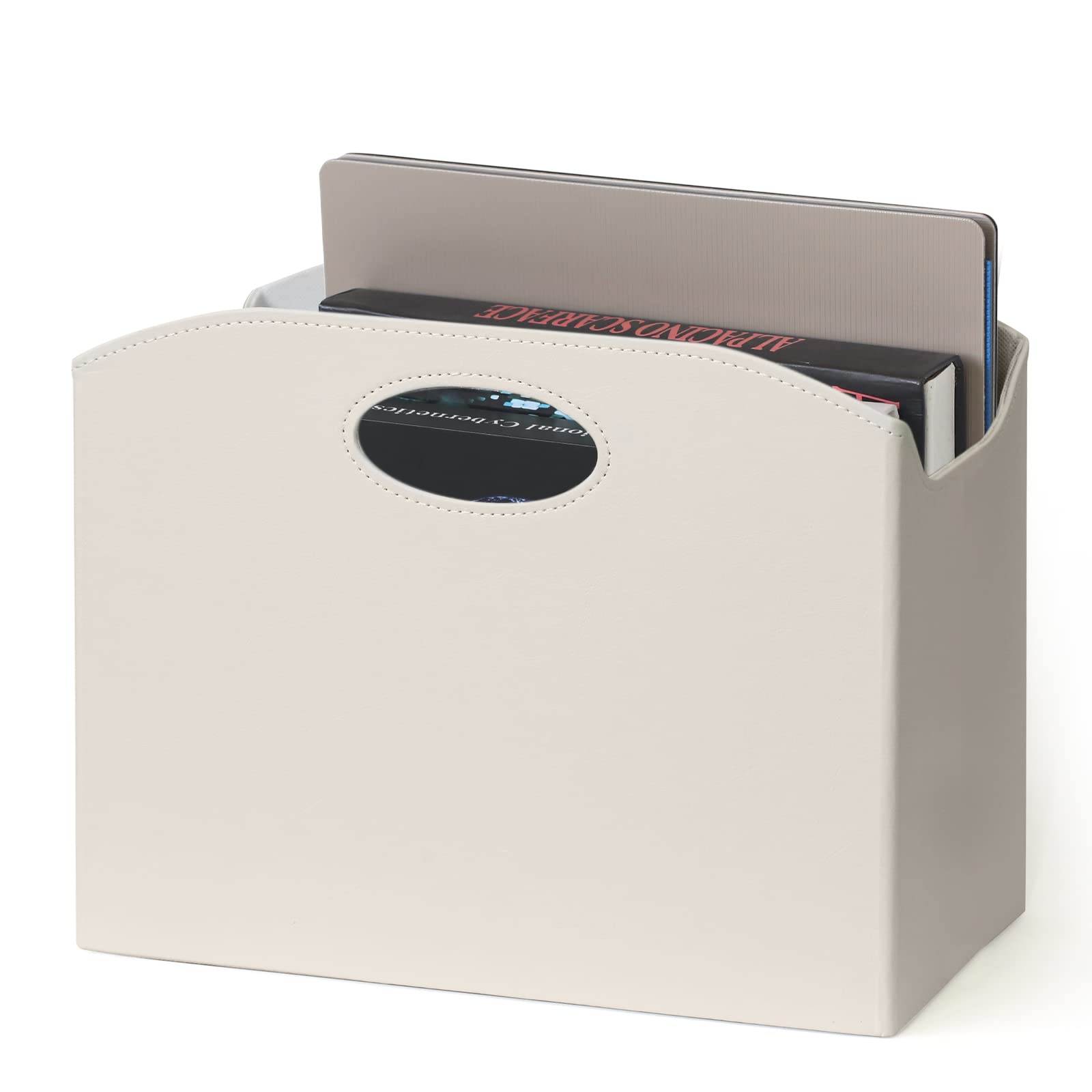 Photo 1 of EZDeco Magazine Holder Foldable Magazine Rack Floor PU Leather File Holder Newspaper Book Storage Basket Document File Folder Organizer for Office Home (Off-white-1)