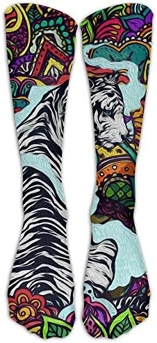 WENTiandi Unisex Knee High Long Socks Gaint White Tiger Colorful Flower Soccer Tube Sock