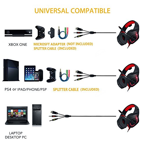 PC Gaming Headset, MillSO K1 Stereo Bass Surround Over-Ear Headphone with Adjustable Microphone, 3.5mm Audio Jack Y Cable Adapter, LED Light and Volume Control for PS4 Xbox one PC Nintendo Switch--Red