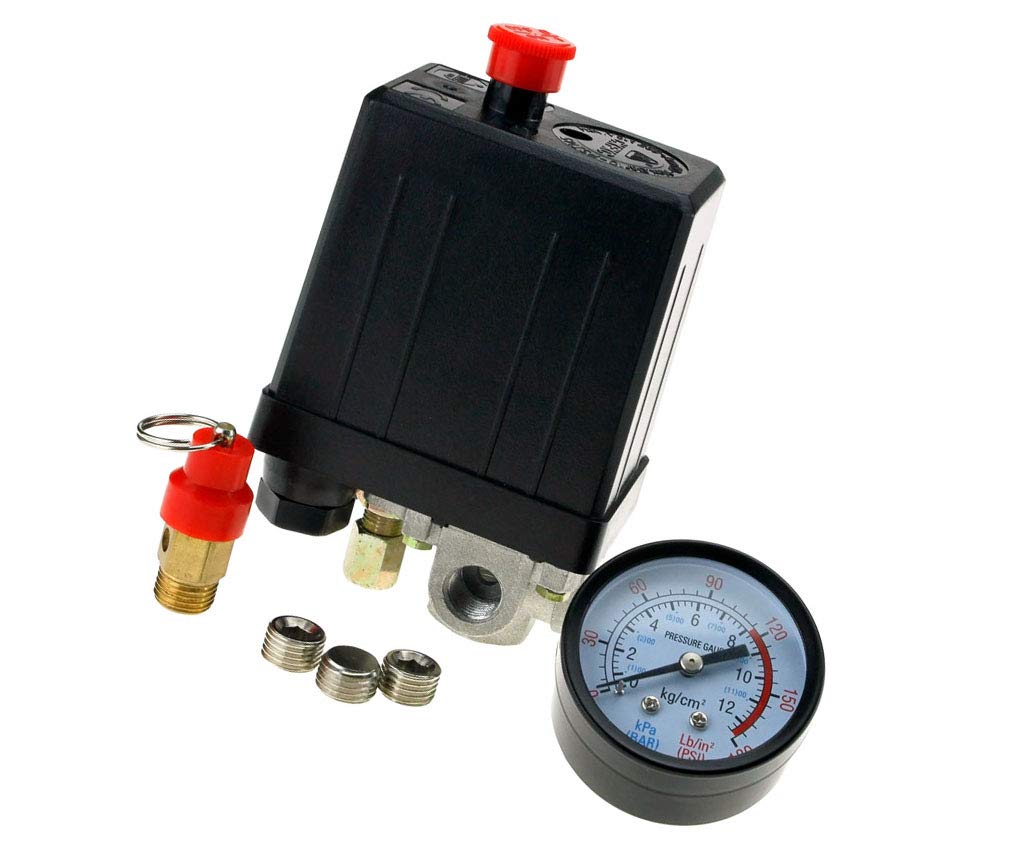 Air Compressor Pressure Switch 1/4" BSP 4 Port Manifold with Safety Valve & Blanking Plugs & Air Pressure Gauge