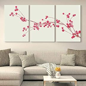 3 Panel Canvas Wall Art - Red Small Fruits on The Branch - Giclee Print Gallery Wrap Modern Home Art Ready to Hang - 16"x24" x 3 Panels