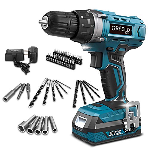ORFELD Cordless Drill, 20V Drill Driver with 2.0Ah Battery, Built-in LED, 2 Variable Speed, 270 In-lbs Torque, 20 Clutch, 3/8'' Metal Keyless Chuck, 43 pcs Accessories, Blue - Thumbnail 7