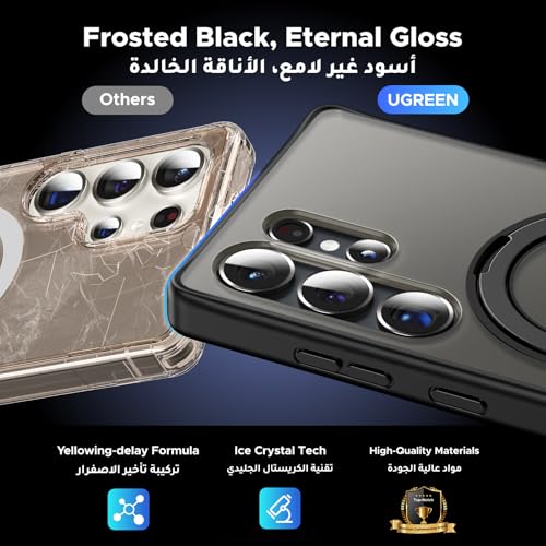 UGREEN Samsung Galaxy S25 Ultra Case MagSafe Cover, [Innovative 360° Ring Stand], [No Yellowing with iCrystal Tech], [MIL-Grade Protection], Magnetic Protective Slim Case, Black Frame with Matte Back