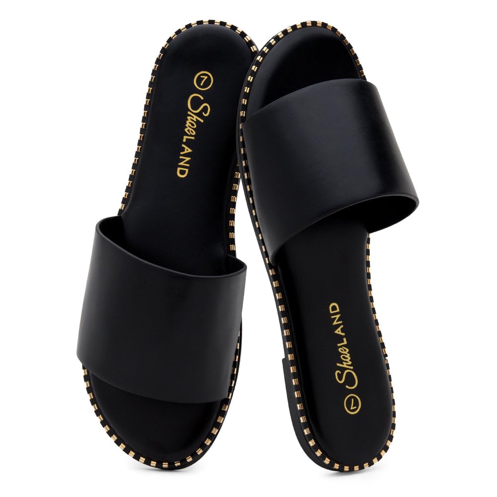 Photo 1 of Shoe Land Flat Sandals for Women – Slip-On Slides with Cushioned Footbed | Comfortable Dressy & Casual Open Toe Summer Sandals for Beach, Travel & Everyday Wear, Black, Size 10.0, Carlena
