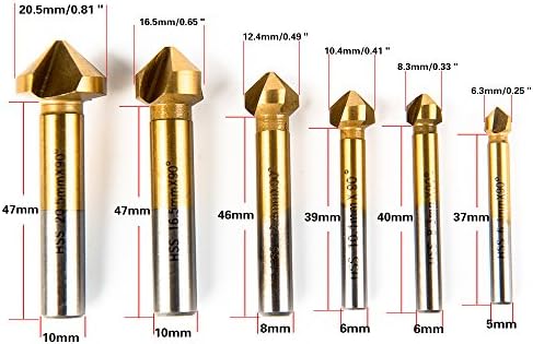 Wazaza 6pcs HSS Countersink Drill Bit Set 90 Degree 3 Flute Titanium Chamfer Cutter Mill Drill Bits