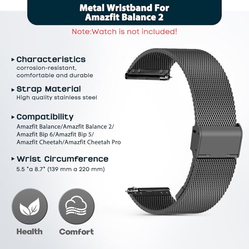 CHULN Watch Band Compatible with Amazfit Balance/Balance 2/Bip 6/Bip 5/Cheetah/Cheetah Pro Adjustable Metal Stainless Steel Replacement Strap for Smartwatch.(Not Host)