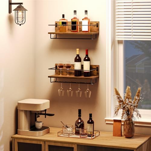 Expositor de vinho de parede de 2 peças, expositor pendurado para sala de estar, sala de jantar, cozinha, castanho vintage e preto EBF28BJ01