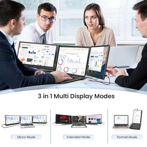 Laptop Screen Extension, 14 Inch 1080P Triple Portable Laptop Monitor Extender for 13 to 16.1 Inch Laptops with Stand, 2 Monitors and Integrated Speakers, for MacOS/Windows/Chrome/Dex