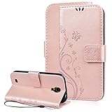 Galaxy S4 Wallet Case, SmartLegend Embossed Floral Butterfly PU Leather Magnetic Flip Folio Cover with TPU Soft Bumper Case & Card Holders & Hand Strap for Samsung Galaxy S4 Rose Gold