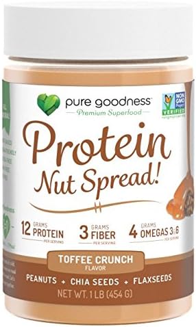 Pure Goodness Nut Butter Spread- Toffee Crunch, Vegan,16oz, Non GMO Verified, Dairy Free, Soy Free, Gluten Free, 12 Grams Protein