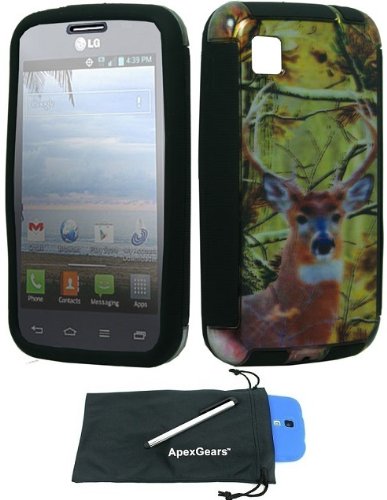 For LG Optimus Dynamic II 2 L39C Slim Design Duo Layer Hybrid Phone Protector Cover Case with Stylus Pen and ApexGears (TM) Phone Bag (Deer Hunting)
