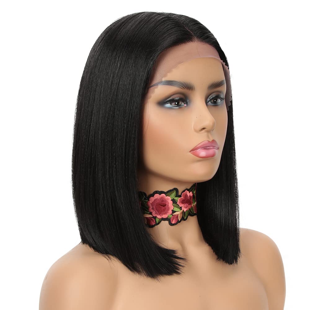 NOBLE Black Bob Wigs for Black Women Short Straight HD Lace Front Wigs for White Women Synthetic Middle T Part Lace Front Bob Wig for Daily Party Use (12 Inch, Black Color)