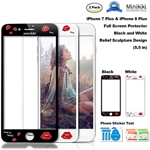 MiniKIKI iPhone 7/8 Plus Glass Screen Protector, 3D Full Screen Coverage, 2 Packs--Black and White Color with Sexy Lips, Creative Relief Sculpture Design,9H Hardness, Great for your Lovers, Friends