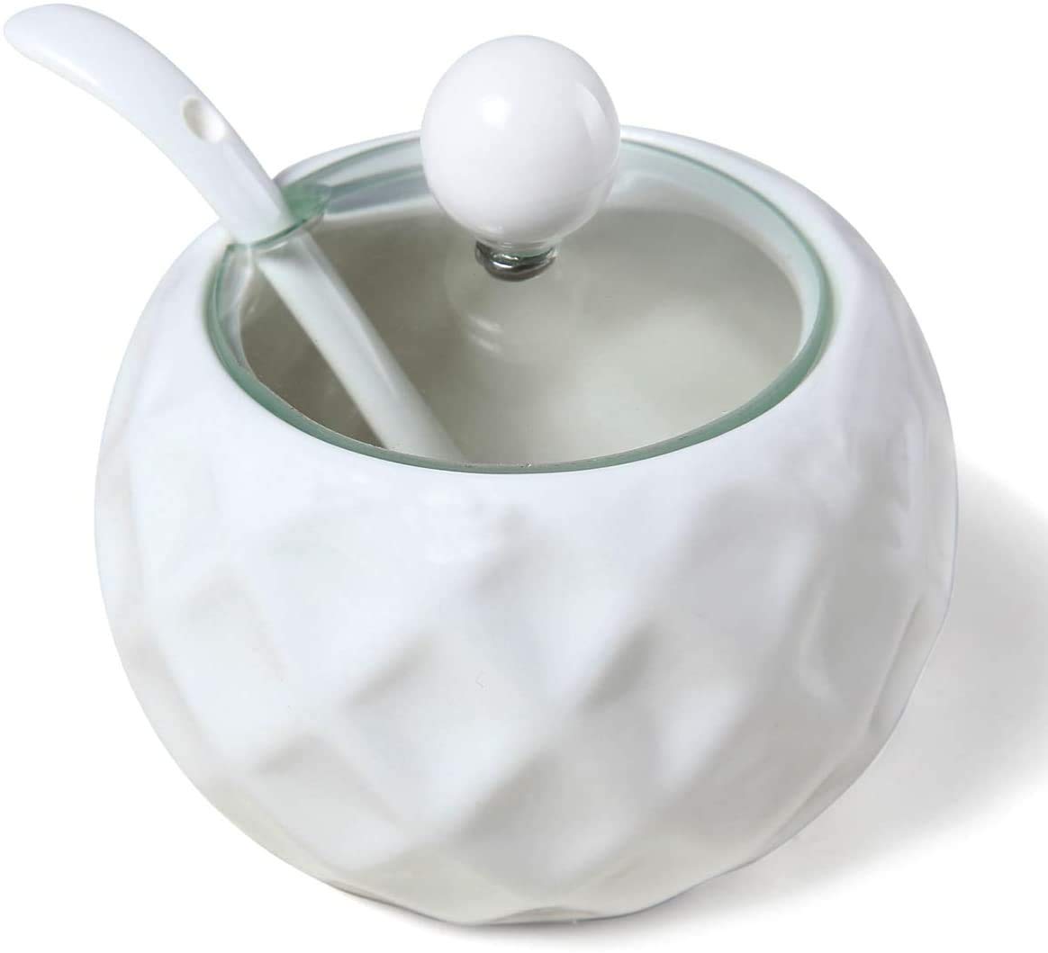 Chase Chic Ceramic Sugar Bowl, Modern Porcelain White Sugar Bowl with Clear Lid and Spoon, 8.8oz/250ml Sugar Pot Suit for Coffee Bar, Restaurant, Kitchen and Home Breakfast