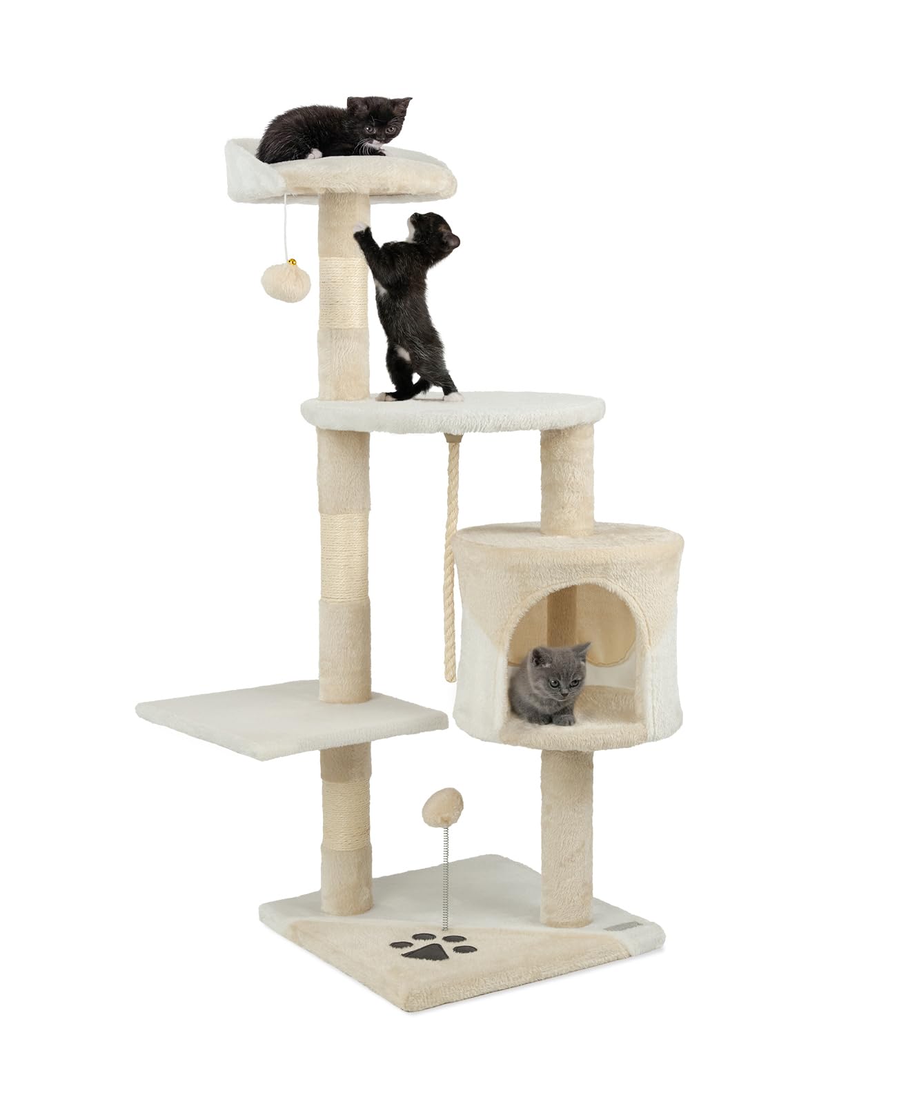 lionto Scratching tree for cats with 2 plush balls & play rope, height 112 cm, cat tree with sisal rope & plush, cozy lying area & cave, incl. wall mount, for small & large cats, beige/white