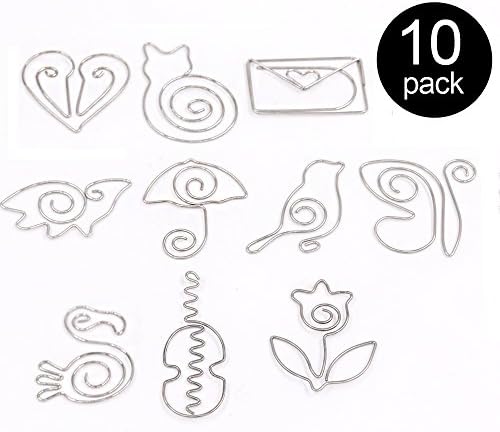 Findfiy 10Pcs Silver Metal Assorted Paperclips Bookmarks Memo Clips Paper clips Set with Box for Files, Book, Notebook, Memo, Decotation, Collection - 10 Shapes