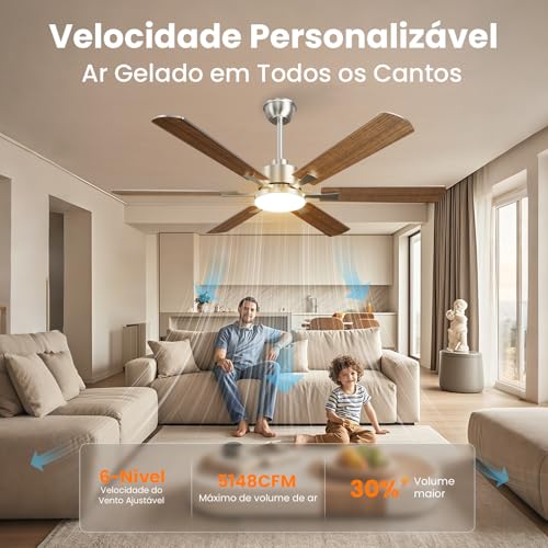 Ventilador de Teto Silencioso com Controle Remoto, 127V/220V, 132.08cm, 3 Cores, 6 Velocidades e Função Reversa