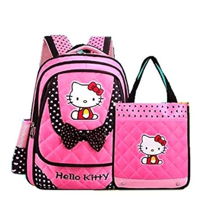 DI GRAZIA Cartoon Hello Kitty Polyester Pink and Black Backpack and Lunch Bag ,2 in 1 Combo