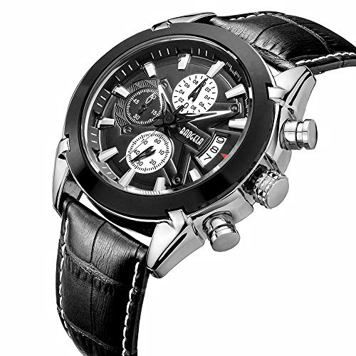 Sports Mens Chronograph with Black Leather Strap Military Analog Quartz Wrist Watch Waterproof Auto Date BAOGELA Brand