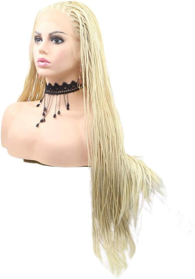 Box Braids Gold Blonde 613 Long Synthetic Hair Lace Front Wigs for Black Women Heat Resistant Fiber Replacement Braiding Wigs with Baby Hair Braided Cosplay Wig 28inches - Image 4