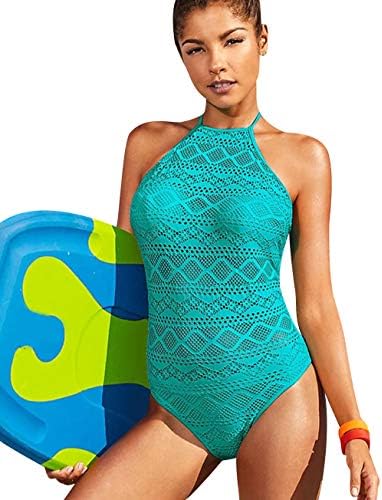 Halter Neck Swimming Costume for Women Womens Padded Monokini Swimsuits Bandeau Bikini Push Up Lace One Piece Swimsuit Ladies Plus Size Swimwear Bikinis Bathing Suits Slimming Swimming Costumes