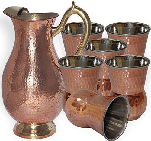 CHRISTMAS GIFT "JAI GURU JI" Royal Mughlai Jug Pitcher (Capacity - 64.24 oz) with 6 Copper matka Tumbler - CHRISTMAS GIFT