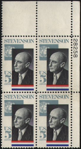 ADLAI STEVENSON ~ PRESIDENTIAL CANDIDATE #1275 Plate Block of 4 x 5 US Postage Stamps