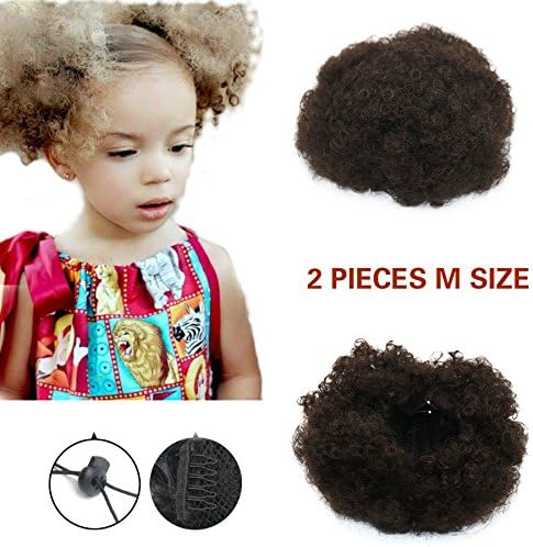 Fashion Curly Ponytail Twins Buns Clip In Elastaic Drawstring Ponytail African American Black Short Afro Kinky Curly Hair Extension Synthetic Puff Hair(Medium 2 pieces) (4#)
