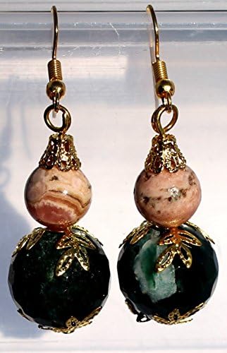 Huge 16mm Faceted Moss Agate and Black Rhodonite Gold Tone Fish Hook Earrings