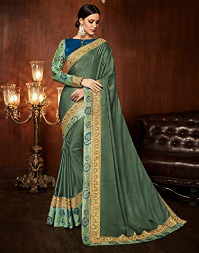 DesiButik's Party Wear Ravishing Green Satin Silk Saree