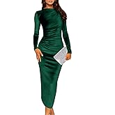 Wenrine Women's Velvet Bodycon Midi Dress Long Sleeve Ruched Elegant Cocktail Party Dresses