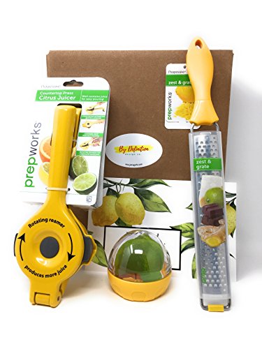 Prepworks Progressive Citrus Juicer, Manual Press Lemon Lime Squeezer, Zester and Cheese Stainless Steel Micro-plane Grater and Citrus Keeper Plus International Lemonade Recipes 3-Pack Set
