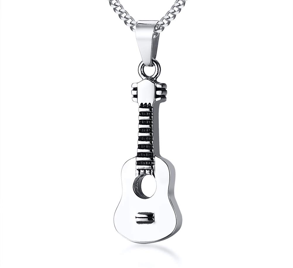PJ JEWELLERY Stainless Steel Memorial Keepsake Pendant Cremation Ash Urn Openable Acoustic Guitar Necklace for Men Women, 24"