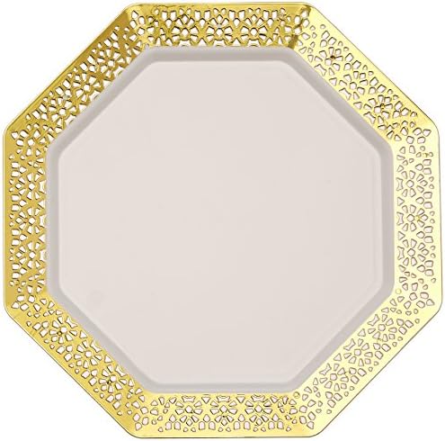 Lillian Tablesettings Gold Lacetagon Plastic Salad Plates-7 1/2" 10 Pcs, 7.25"