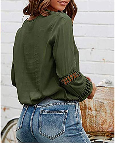 Sfuzwg-Frauen-Tiefem-V-Ausschnitt-Laterne-Hlse-Beilufige-Bluse-Grn-Aushhlen-Lose-Tops