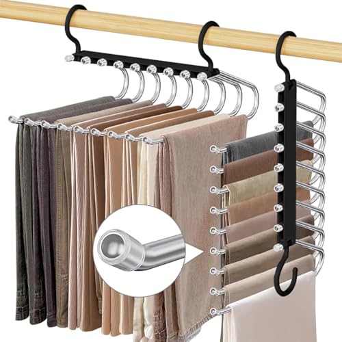 WEKIWGOT 9 in 1 Trouser Hangers, 2 Pieces Multifunctional Space Saving Rack Hanger for Organizing Closets, Trousers for Women and Men, Jeans, Bras, Scarves and Ties (Black)