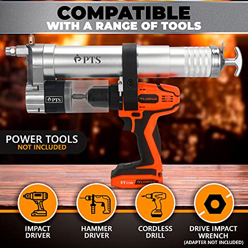 PTS Grease Gun Attachment for Cordless Drill Transform an Impact Driver or Drill into a Battery