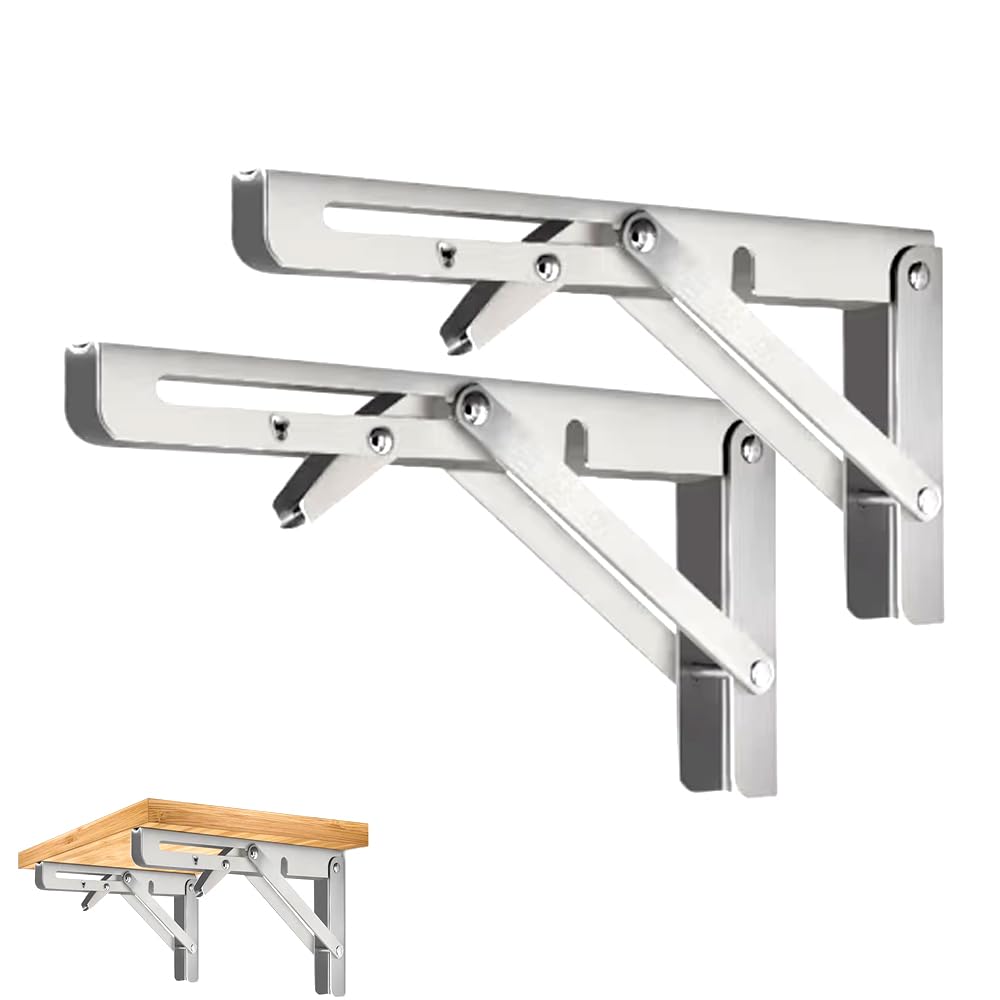 CEEYSEE 2 Pcs Folding Shelf Brackets 12 Inch Heavy Stainless Steel DIY Triangle Wall Mount Collapsible Shelf Bracket for Tables Benches Shelves Space Saving (Silver 12 Inch)