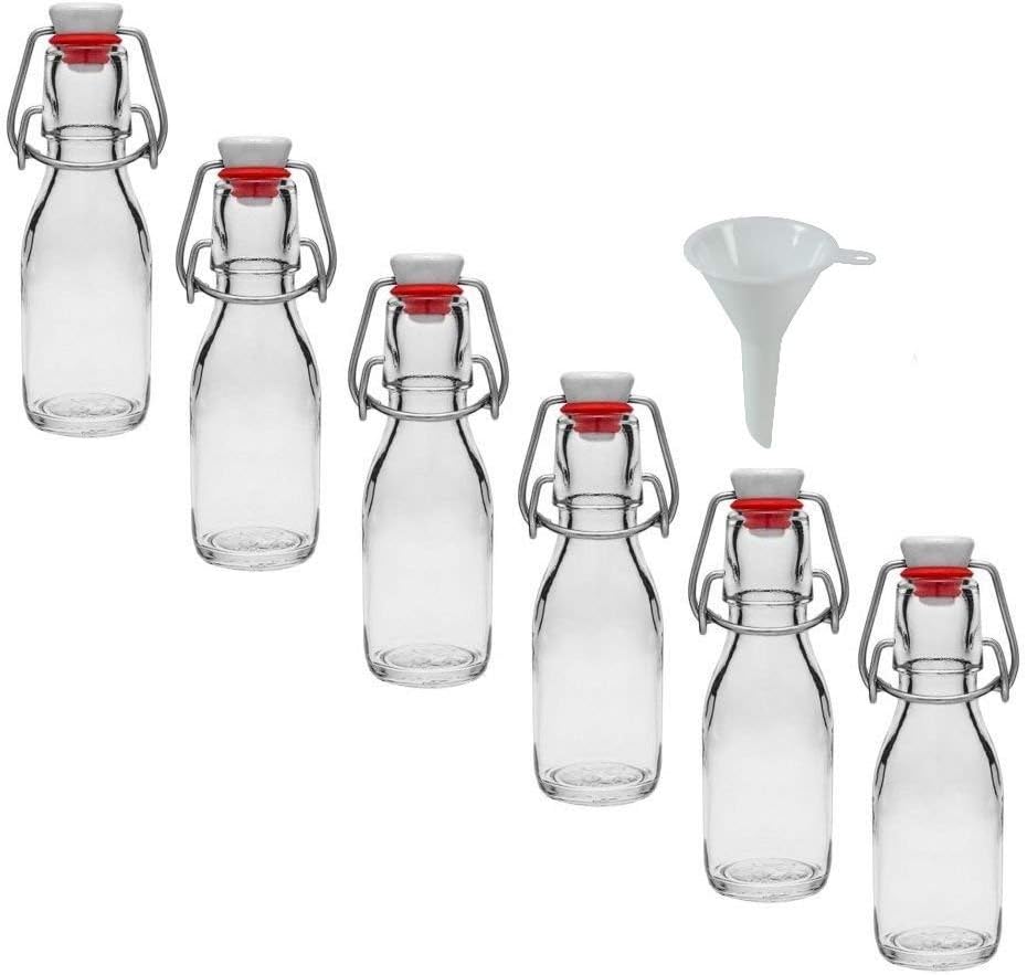 Small Glass Bottles with Swing Top 100 ml x6 for Self-Filling Including a White Tap-Funnel Diameter 5 cm