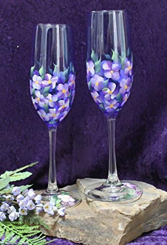 Hand Painted Champagne Flutes (Set of 2) - Violets on Cobalt Blue Glass