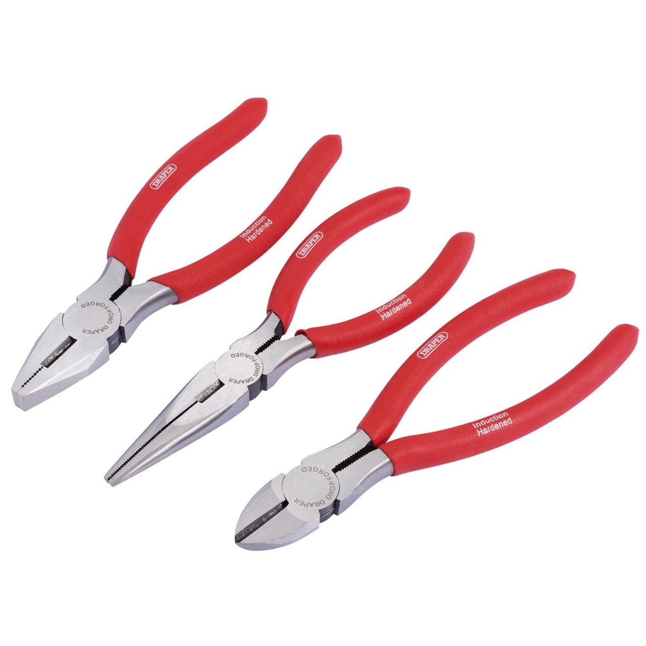 Draper Redline 3 Piece 160mm Plier Set | PVC Dipped Handles Hand Tools Kit | Carbon Steel Long Nose Pliers | Combination and Diagonal Side Cutters | Hardened Jaws and Cutting Edges | 67924