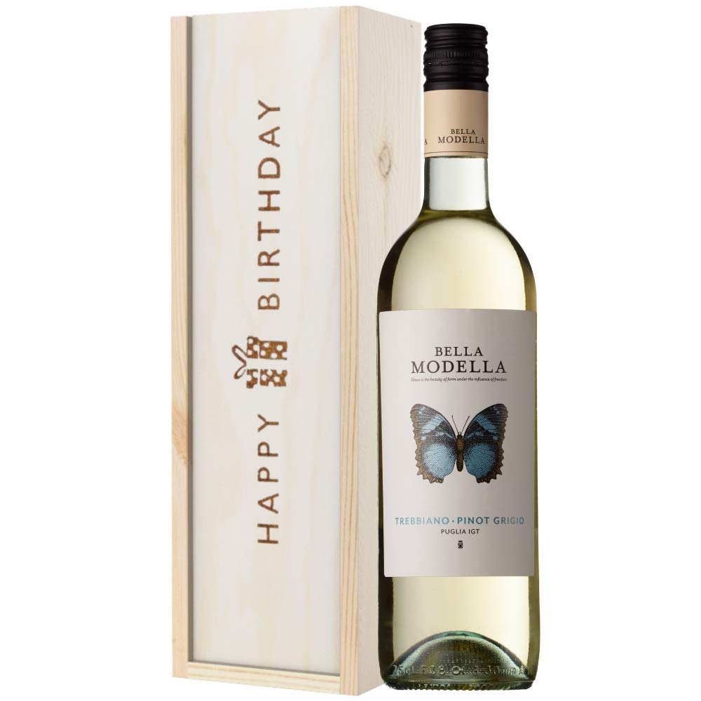 Pinot Grigio White Wine Birthday Gift Set In Wooden Box - Birthday Wine Gift Box - 18th Birthday - 21st Birthday - 30th Birthday - 40th Birthday - 50th Birthday - 60th Birthday