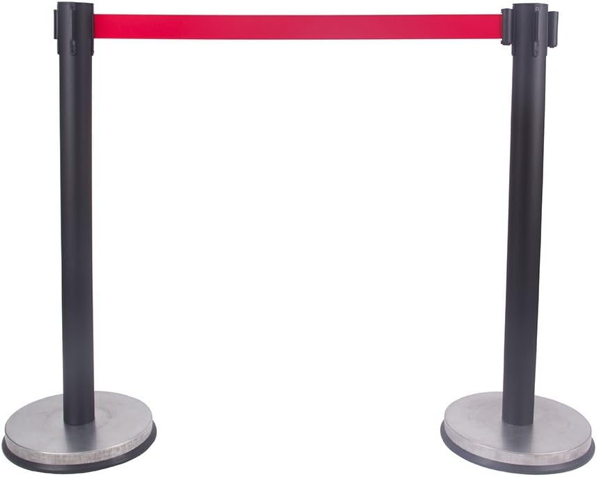 Retractable Belt Stanchion, Queue Pole,Red Belt, Crowd Control Barrier Black