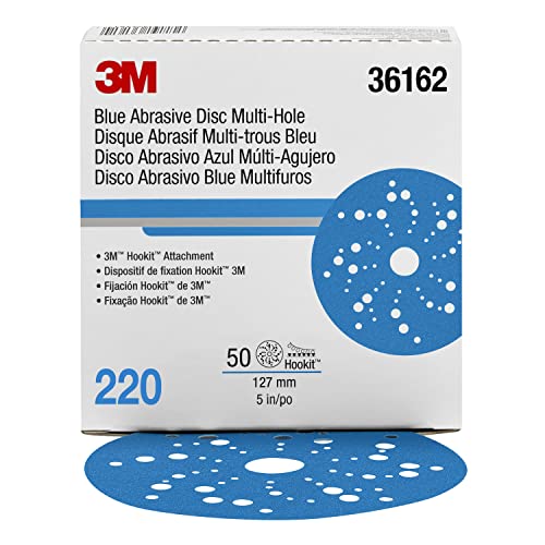 Hookit 3M Blue Abrasive Disc Multi-Hole, 36162, 5 in, 220 Grade, 50 Discs per C…
